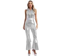 Fldy Womens 70S Disco Dance Costume Movie Star Singer Shiny Metallic Sleeveless Jumpsuit Romper Silver S