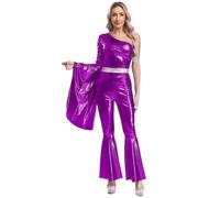 Fldy Women's 70s Disco Dance Outfits One Shoulder Flared Sleeve Metallic Shiny Jumpsuit Bodysuit Purple XL