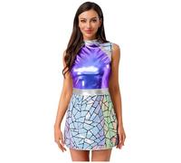 Fldy Women's Alien Cosplay Costume Galaxy Traveler Space Warrior Cap Sleeve Dress Party Outfits Blue XL