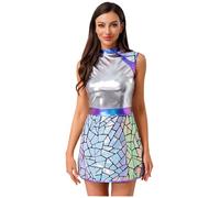 Fldy Women's Alien Cosplay Costume Galaxy Traveler Space Warrior Cap Sleeve Dress Party Outfits Silver XXL