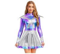 Fldy Womens Alien Cosplay Costume Glittering Long Sleeve Dress Outer Space Cadet Astronaut Outfits Silver L