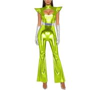 Fldy Womens Alien Costume Shiny Metallic Flared Pants Jumpsuit with Gloves Outer Space Cutie Outfits Green M