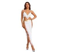 Fldy Womens Ancient Egyptian Queen Cosplay Costume Halter Crop Top with Side Slit Skirt Built-in Briefs White XL