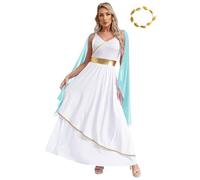 Fldy Womens Ancient Queen Roman Toga Robe with Leaf Crown Headdress Greek Beauty Costume Dancewear Light Blue XXL