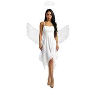 Fldy Women's Angel Costumes with Headband White Feather Wings Halloween Xmas Carnival Party Dress White B S