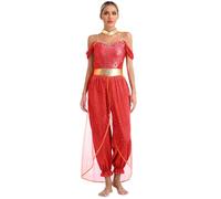 Fldy Women's Arabian Princess Costume Bollywood Fancy Dress Gems Adorned Jumpsuit Belly Dance Outfits Red XL