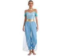 Fldy Women's Arabian Princess Costume Bollywood Fancy Dress Gems Adorned Jumpsuit Belly Dance Outfits Blue L