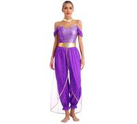 Fldy Women's Arabian Princess Costume Bollywood Fancy Dress Gems Adorned Jumpsuit Belly Dance Outfits Purple 4XL