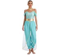 Fldy Women's Arabian Princess Costume Bollywood Fancy Dress Gems Adorned Jumpsuit Belly Dance Outfits Turquoise XXL