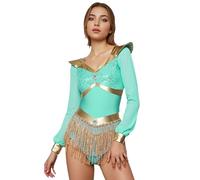 Fldy Women's Arabian Princess Costume One Piece Chiffon Long Sleeve Sequins Tassel Bodysuit Light Green M