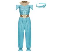 Fldy Womens Arabian Princess Dress Up Bollywood Gems Adorned Jumpsuit with Headband Belly Dance Outfit Light Blue XXL