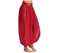 Fldy Women's Belly Dance Side Split Harem Pants Chiffon Bloomers Pants Theme Party Dancewear Red One Size