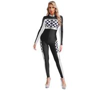 Fldy Women's Checkerboard Racer Uniform Jumpsuit Speed Race Car Driver Costume Racing Outfits Black 3XL