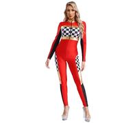 Fldy Women's Checkerboard Racer Uniform Jumpsuit Speed Race Car Driver Costume Racing Outfits Red M