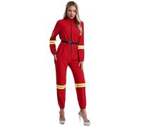 Fldy Womens Firefighter Cosplay Costume Long Sleeve Romper with Belt 2 Piece Set Jumpsuit Bodysuit Red S