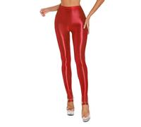 Fldy Womens Hot Shiny Glossy Metallic Elastic Tights High Waist Tummy Control 80s Disco Soft Spandex Leggings Red A XL