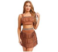 Fldy Womens Indian Native Costume Aboriginal Tribe Princess Off Shoulder Tassel Crop Top with Skirt Brown M