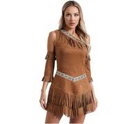 Fldy Womens Indian Native Costume One Shoulder Sleeveless Fringe Dress with Tassel Sleeves Brown 4XL