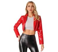 Fldy Women's Leather Jacket Wetlook Blazer with Lapels Short Jacket Latex Bolero Crop Tops Outerwear Punk Rave Clubwear Red 3XL