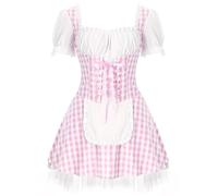 Fldy Women's Maid Costume Plaid Flare Dress French Maid Cosplay Square Neck Gingham Lace UP Dress Pink M