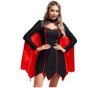Fldy Womens Medieval Gothic Vampire Witch Costume Victorian Batwing Sleeve Irregular Trim Dress Black&Burgundy S