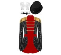 Fldy Women's Red Lion Tamer Costume Long Sleeve Sequins Ringmaster Circus Leotard Dress Bodysuit Black A M