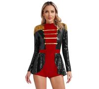 Fldy Women's Red Lion Tamer Costume Long Sleeve Sequins Ringmaster Circus Leotard Dress Bodysuit Black XL