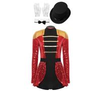 Fldy Women's Red Lion Tamer Costume Long Sleeve Sequins Ringmaster Circus Leotard Dress Bodysuit Red A L