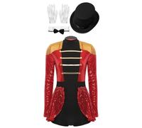 Fldy Women's Red Lion Tamer Costume Long Sleeve Sequins Ringmaster Circus Leotard Dress Bodysuit Red A 4XL