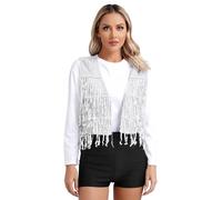 Fldy Women's Sequin Fringe Vest Waistcoat Open Front Glitter Jacket Coat Sparkly Party Dance Crop Tank Tops Silver M