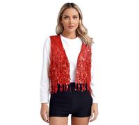 Fldy Women's Sequin Fringe Vest Waistcoat Open Front Glitter Jacket Coat Sparkly Party Dance Crop Tank Tops Red S