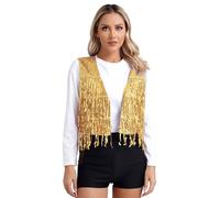 Fldy Women's Sequin Fringe Vest Waistcoat Open Front Glitter Jacket Coat Sparkly Party Dance Crop Tank Tops Gold 3XL