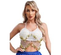 Fldy Women's Sequin Halter Bra Crop Top - Latin Belly Dance Backless Tube Tank Camisole - White One Size