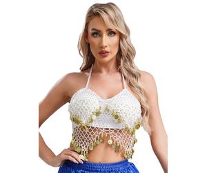 Fldy Women's Sequin Halter Bra Crop Top - Latin Belly Dance Backless Tube Tank Camisole - White One Size