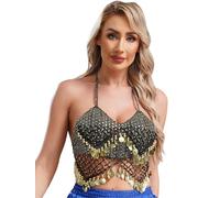 Fldy Womens Sequin Halter Bra Top Latin Belly Dance Crop Top Backless Tube Top Tank Camisole Black&Gold One Size
