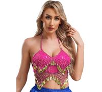 Fldy Womens Sequin Halter Bra Top Latin Belly Dance Crop Top Backless Tube Top Tank Camisole Hot Pink One Size