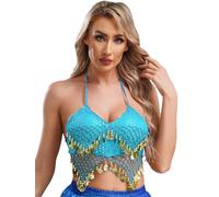 Fldy Womens Sequin Halter Bra Top Latin Belly Dance Crop Top Backless Tube Top Tank Camisole Light Blue One Size