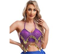 Fldy Womens Sequin Halter Bra Top Latin Belly Dance Crop Top Backless Tube Top Tank Camisole Purple One Size