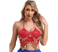 Fldy Womens Sequin Halter Bra Top Latin Belly Dance Crop Top Backless Tube Top Tank Camisole Red One Size