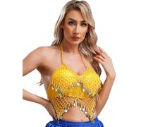 Fldy Womens Sequin Halter Bra Top Latin Belly Dance Crop Top Backless Tube Top Tank Camisole Yellow One Size