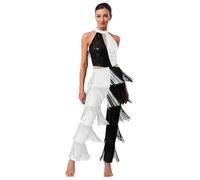 Fldy Women's Sleeveless Halter Tassel Jumpsuit Shiny Sequins Latin Jazz Dance Rompers Lyrical Dance Costume White L