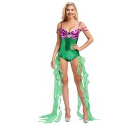 Fldy Women's Sparkle Sequins Mermaid Costume Fish Scales Bodysuit with Long Tulle Ribbons Costume Green XXL