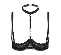 Fldy Women's Underwire Push Up Shelf Bra 1/4 Cup Demi Balconette Sheer Unlined Bralette Top Black C XXL