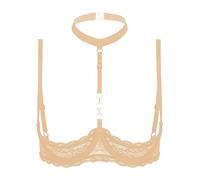 Fldy Women's Underwire Push Up Shelf Bra 1/4 Cup Demi Balconette Sheer Unlined Bralette Top Nude C XXL