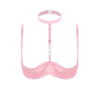 Fldy Women's Underwire Push Up Shelf Bra 1/4 Cup Demi Balconette Sheer Unlined Bralette Top Pink C XL