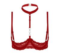 Fldy Women's Underwire Push Up Shelf Bra 1/4 Cup Demi Balconette Sheer Unlined Bralette Top Red C XXL
