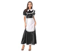 Fldy Women's Wetlook Short Sleeve Maid Maxi Dress with Lace Trim Satin Apron French Maid Costume Black L