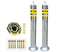 FLEAGE 2 bollard and 5m barrier chain Stainless Steel security posts and plastic chain set reflective tape barriers with Hanging ring Easy Installation(Size:750mm×89mm) (750mm×89mm)