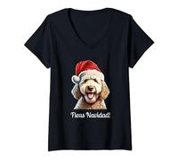 Fleas Navidad Funny Holiday Labradoodle in Santa Hat V-Neck T-Shirt