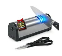 Flechazo Electric Knife Sharpener, Cordless Kitchen Knife Sharpener, Portable and Rechargeable. Professional 2-Stage Quick Sharpening & Polishing, Scissors Sharpener and Dust Collection, Silver